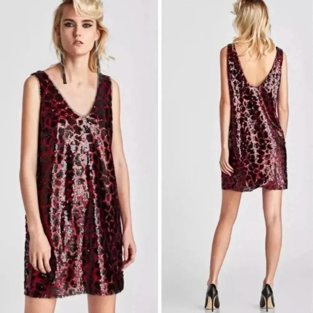 Zara NWT Sequin Leopard Red Black Mini Dress Size Small